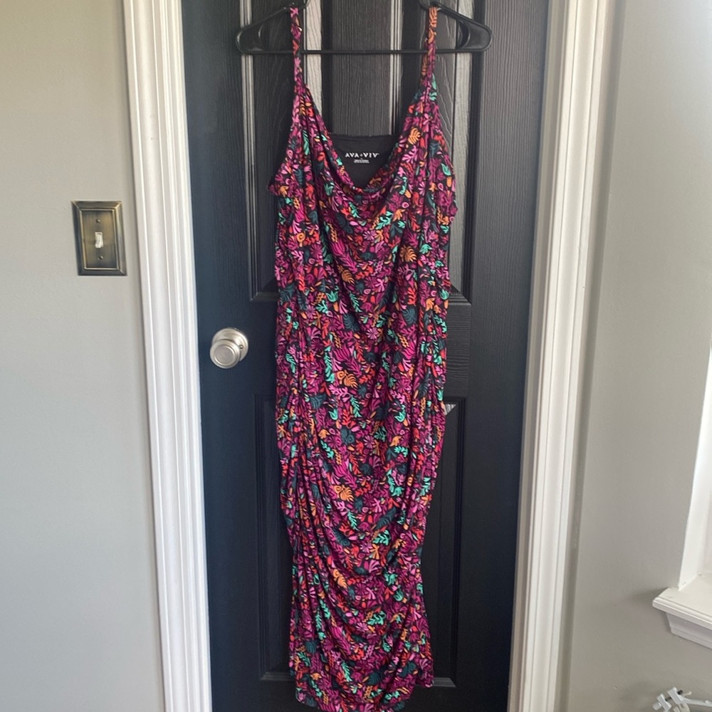 Ava & Viv Womens 1XL Dress Black Floral Dress Tank Mesh Lined Midi Knit